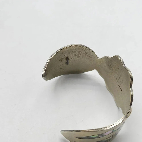 Vintage Mexican Abalone Inlay Coin Silver Cuff Bracelet With Flower Design - Picture 6 of 10